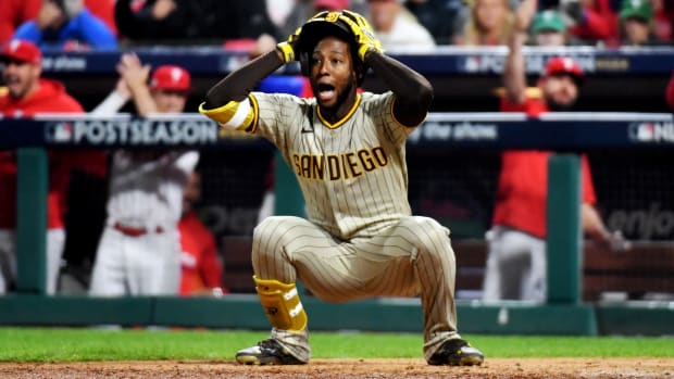Jurickson Profar reacts after third base umpire Todd Tichenor calls him out for not checking his swing.